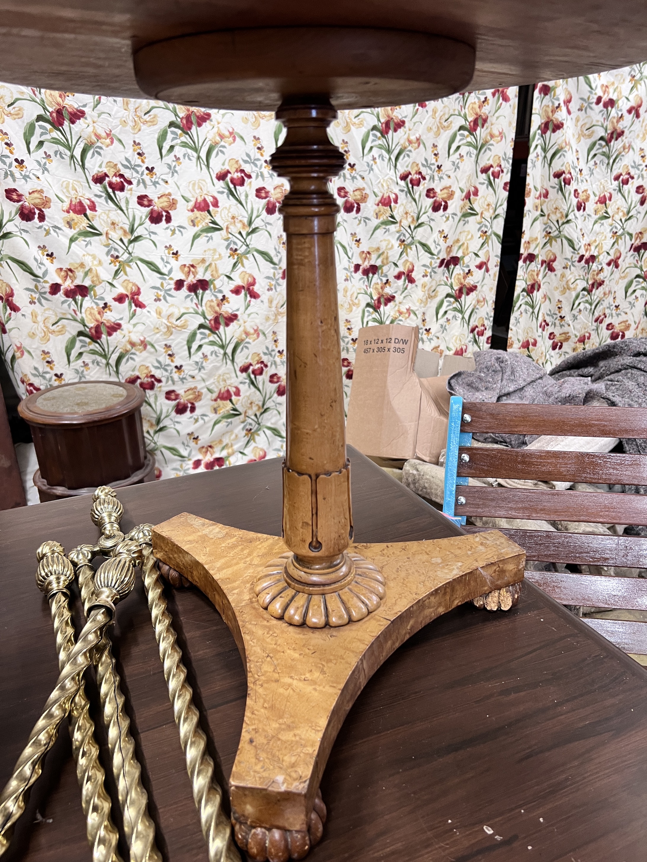 A Victorian bird's eye maple and bois clair occasional table (with later top), width 51cm, height 52cm